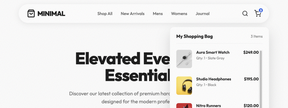 Retail Hub Navbar with Cart Preview