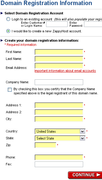 Screenshot of ZappyHost registration form